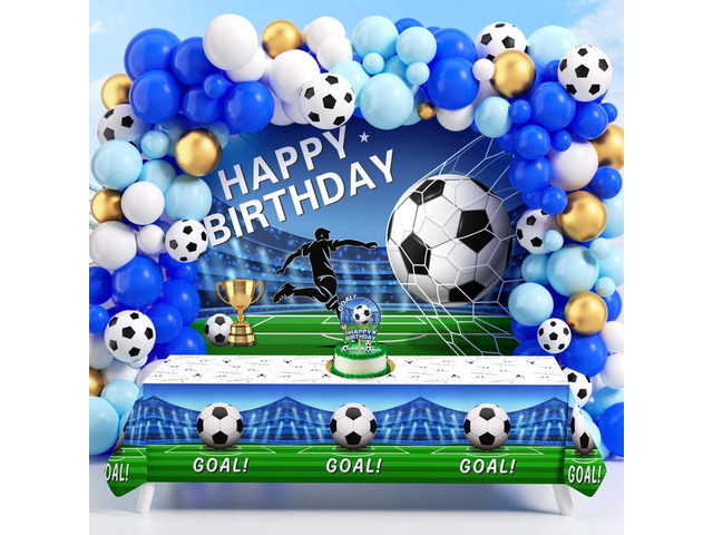 Soccer Birthday Party Decorations 116Ppcs 16Ft Blue Balloons Arch Kit Backdrop Cake Topper Tablecloth for Men Boys Soccer Theme Birthday Party...