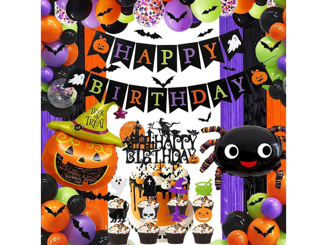 Halloween Birthday Party Decorations Include happy birthday halloween banner halloween balloons Halloween Birthday Cake Topper halloween fringe...