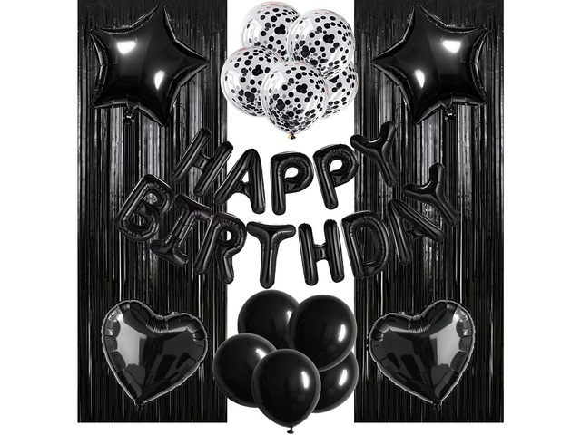 29 Pcs Black Birthday Party Decorations - Happy Birthday Balloons Banner, Heart & Star Foil Balloon, Confetti & Latex Balloons, Foil Fringe...