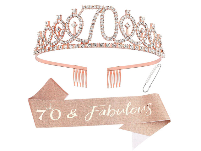 Semato 70 & Fabulous Birthday Crown and Sash Kit- 70th Birthday Gifts for Women 70th Birthday Party Supplies (rose gold)