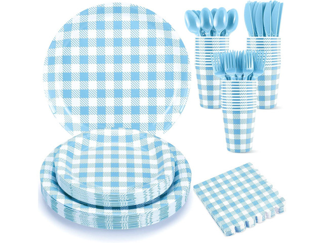NatNarr 175 Pcs Gingham Paper Plates, Boy Baby Shower Decorations Include Blue Gingham Plates and Napkins Cups Disposable Blue Dinnerware for...