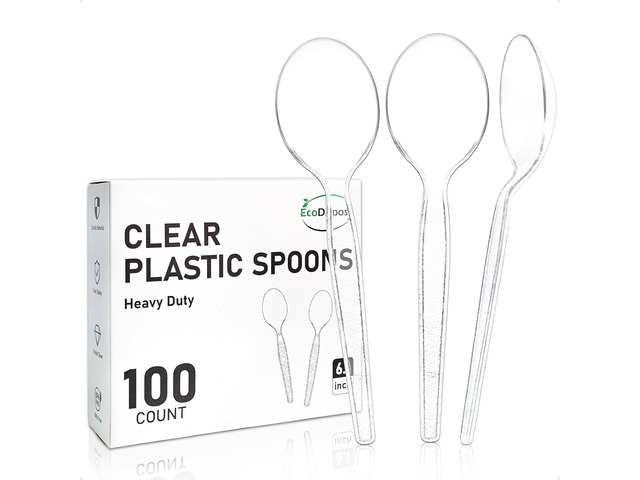 EcoDispose 100 Count Disposable Clear Plastic Spoons Heat Resistant and BPA Free, Heavy Duty Durable Disposable Cutlery for Party Event Supply