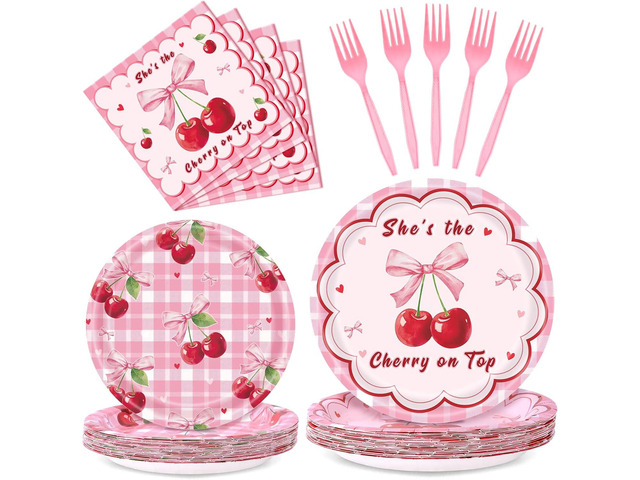 REDWORD Cherry Birthday Decorations, 96Pcs She's The Cherry On Top Party Plates Napkin for Cherr y Theme Girl Birthday Baby Shower Party...