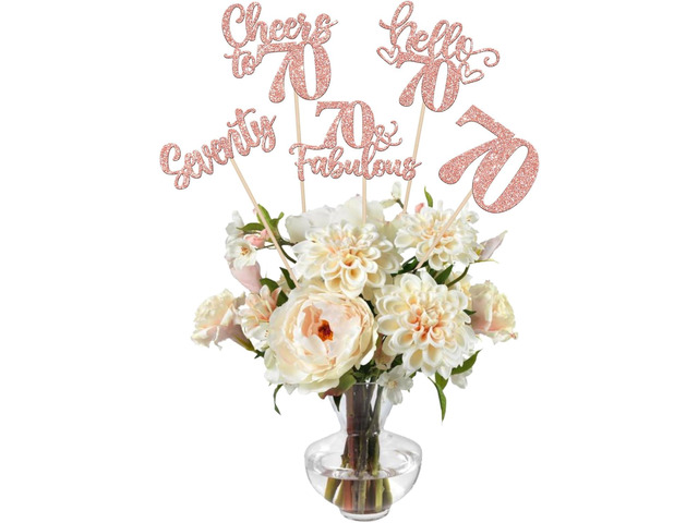 15PCS Happy 70th Birthday Centerpiece Sticks Seventy Hello 70 Cheers to 70 Table Flower Centerpieces Sticks 70 Fabulous Floral Decorations for...