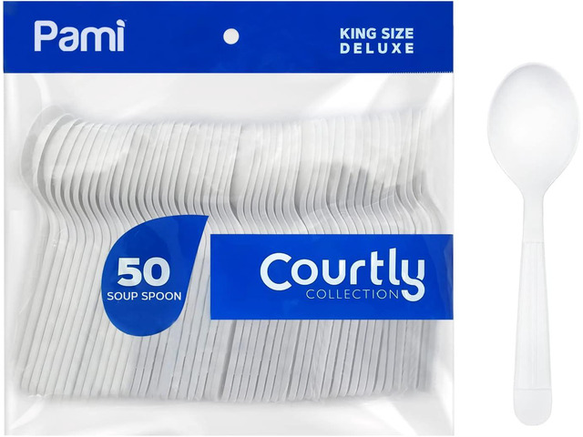 PAMI Heavy-Weight Disposable Plastic Soup Spoons [50-Pack] - Bulk King Size Deluxe White Plastic Silverware For Parties Weddings Caterings Food...