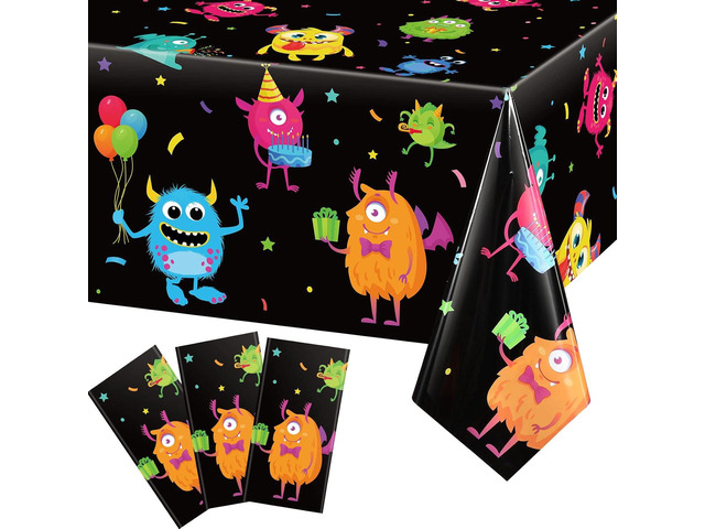 Buryeah 3 Pieces Monster Table Covers Plastic Little Monster Birthday Table Cloths for Kids Boys Birthday Party Decoration Supplies, 54 x 108 Inch