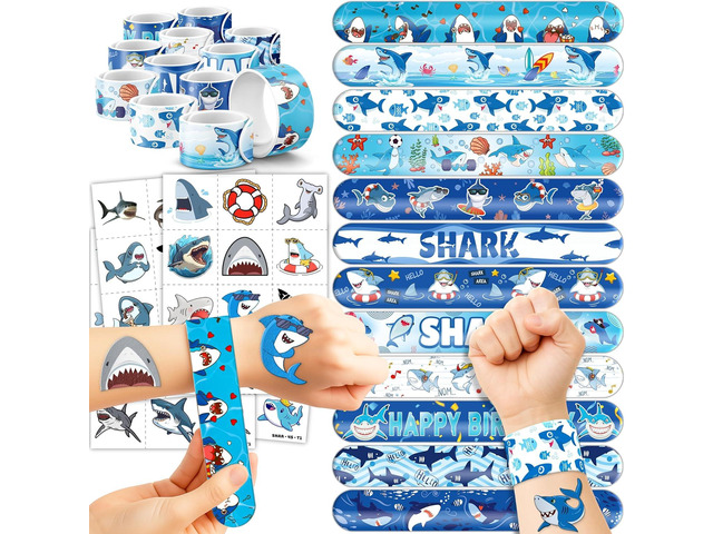 72PCS Shark Party Favors - 48PCS Pre-cut Tattoos & 24PCS Slap Bracelets - Ocean-Themed Birthday Supplies, Undersea Decorations, Classroom Prizes,...