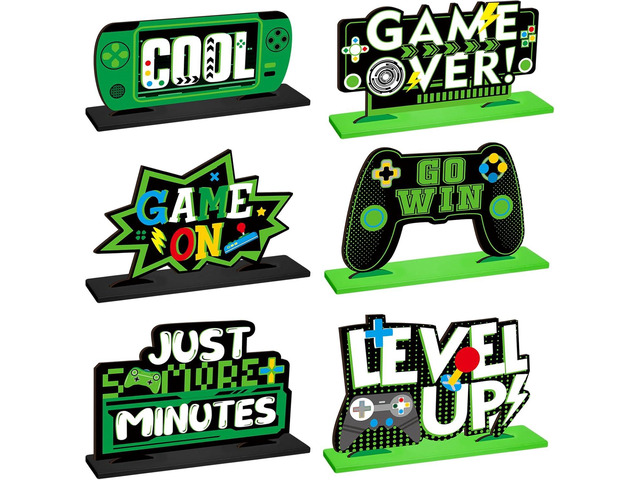 Geetery 6 Pcs Video Game Party Centerpieces Wood Level up Birthday Decorations Gaming Desk Decor Pixelated Table Sign for Adults Birthday Party...
