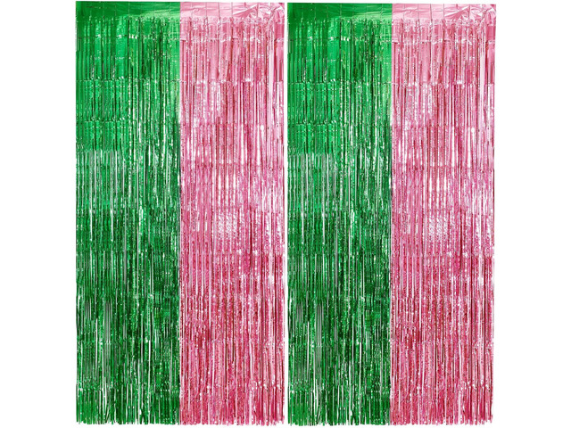 2 Pack Pink and Green Party Decorations Tinsel Foil Fringe Backdrop 3.3x6.6, Wicked Party & Halloween Streamer, Durable Metallic Tassel Create...