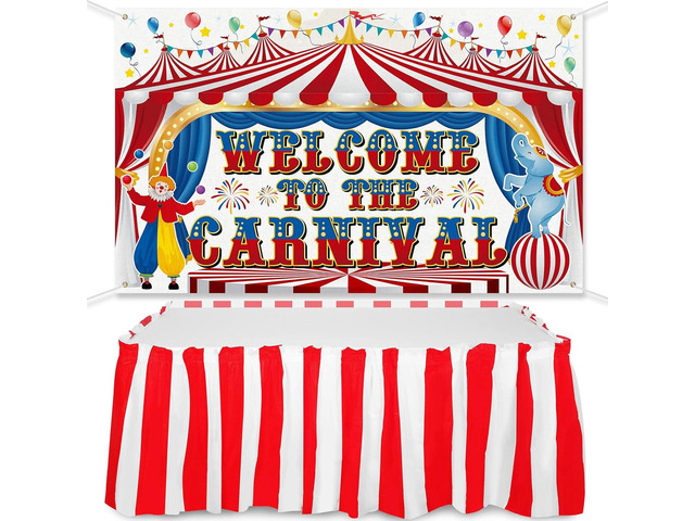 Large Carnival Circus Party Decorations 71 x 43 Inch, Welcome to The Carnival Banner Backdrop & Red White Striped Table Skirt Set for Circus Theme...