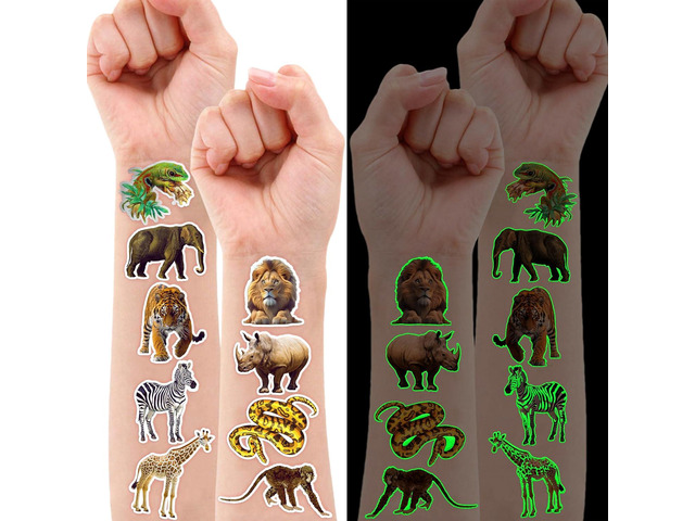 96 PCS Glow In The Dark Realistic Wildlife Jungle Animal Luminous Pre-Cut Temporary Tattoos Sticker Reptile Birthday Party Decorations Supplies...