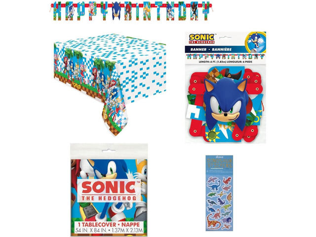 Sonic Birthday Party Supplies Bundle includes 1 Happy Birthday Banner 6.25ft Long, 1 Plastic Table Cover 54' x 84', 1 Dinosaur Sticker Sheet