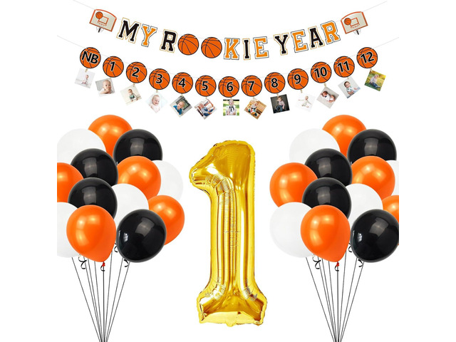 Basketball 1st Birthday Party Supplies, MY ROOKIE YEAR Birthday Banner Decorations, First Photo Banner and Balloons for Baby Boy or Girl Monthly...