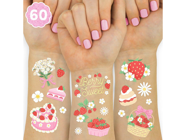 xo, Fetti Strawberry Party Temporary Tattoos - 60 Styles Dessert Birthday Party Decorations, Berry Sweet Cute Accessory, Garden Tea Theme Favor,...