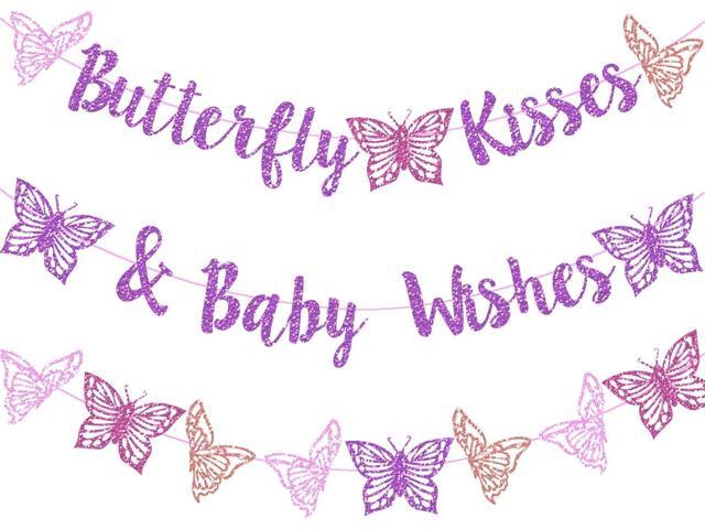 Butterfly Kisses & Baby Wishes Banner Purple Glitter Butterfly Welcome Baby Girl Banner for Butterfly Themed Gender Reveal Girls 1st Birthday Baby...