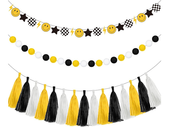 Qeeenar 53 Pcs One Happy Dude Birthday Decorations 1st Birthday Paper Tassel Banners Lightning Smile Face Garland Decoration Two Cool High Chair...