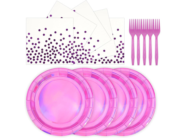 72Pcs Iridescent Pink Plates and Napkins Party Supplies, Hot Pink Holographic Disposable Paper Plates Napkins with Forks Tableware Set for Birthday...