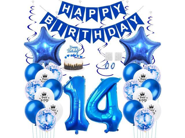 Daimay 14th Birthday Party Decorations Blue Happy Birthday Banner Flag Latex Confetti Balloons Number 14 Foil Balloon Star Mylar Balloons Cake...