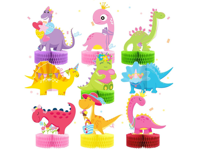Leinuosen 9 Pcs Girls Dinosaur Birthday Decorations Pink Dinosaur Party Table Decorations 3D Honeycomb Centerpieces Dino Table Toppers for Girls...