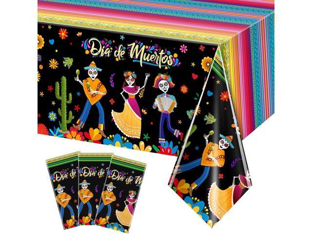 3 Pieces Day of The Dead Tablecloth Dia De Los Muertos Table Cover Halloween Sugar Skull Floral Table Cover Mexican Fiesta Plastic Tablecloth for...