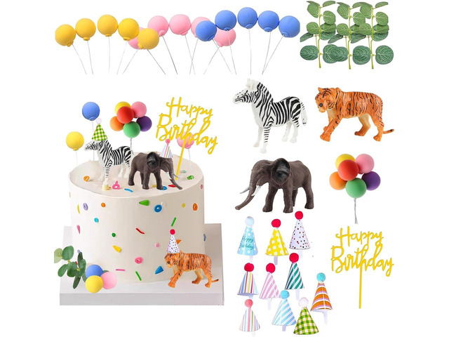 Safari Animal Cake Toppers with Mini Birthday Party Hat Color Balls Cake Decorations for Jungle Wild Themed Baby Shower Birthday Party Supplies...