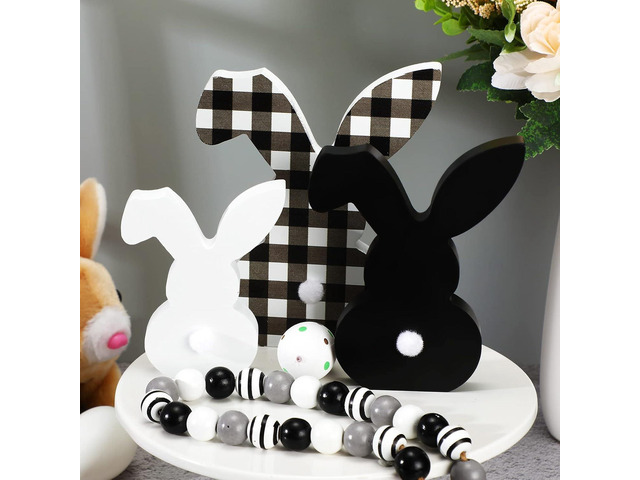 3 pcs Easter Bunny Table Wooden Signs Decor Spring Farmhouse Wood Bunnies Buffalo Plaid Bunny Cute Easter Craft Freestanding Centerpiece Signs for...