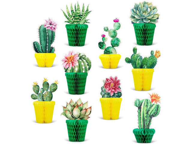 Whaline 10Pcs Cactus Honeycomb Table Centerpiece Potted Succulent Paper Green Yellow Flower Bloom Summer Hawaiian Luau Party Decorations for...