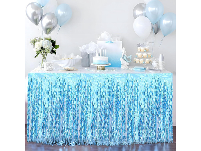 2 Pack Teal Blue Shiny Wavy Tinsel Foil Fringe Table Skirts Table Decorations for Mermaid Birthday Decorations,Under The Sea Party Decorations,Baby...
