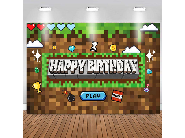 Pixel Birthday Party Decorations Pixel Video Game Banner for Miner Birthday Party Backdrop Photo Background Wall Decor Mining Party Supplies