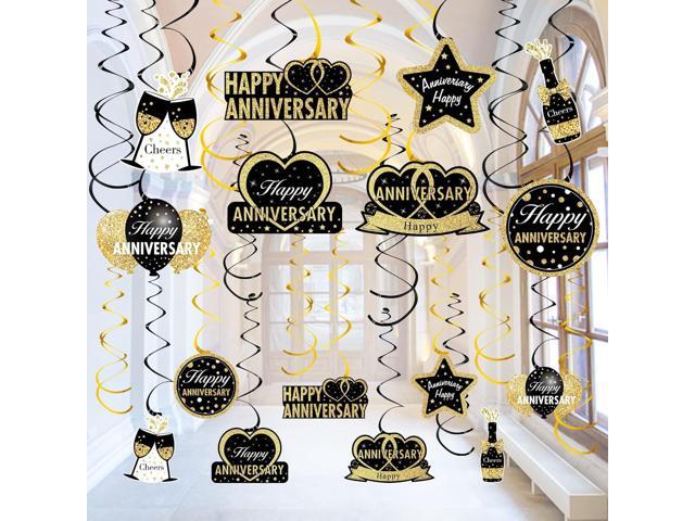 16Pcs Black Gold Happy Wedding Anniversary Hanging Swirls Decorations, Stars Theme Party Supplies, 30th-60th Anniversary Ceiling Decor