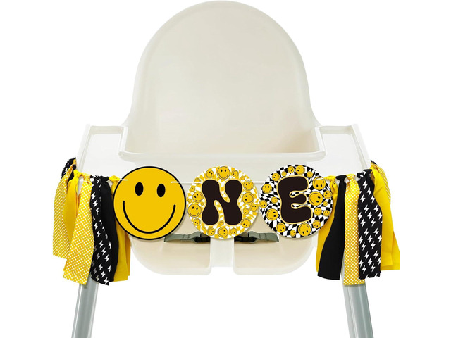 Therwen One Happy Dude High Chair Banner Lightning Smile Face First Birthday Banner Groovy Hippie Party Supplies for Kids 1st Birthday Baby Shower...