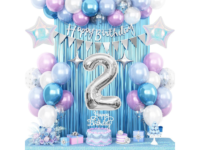 2nd Snow Birthday Decorations for Girl, Blue Purple Balloons with Happy Birthday Banner Curtain Silver Number 2 Balloon Iridescent Star Foil...