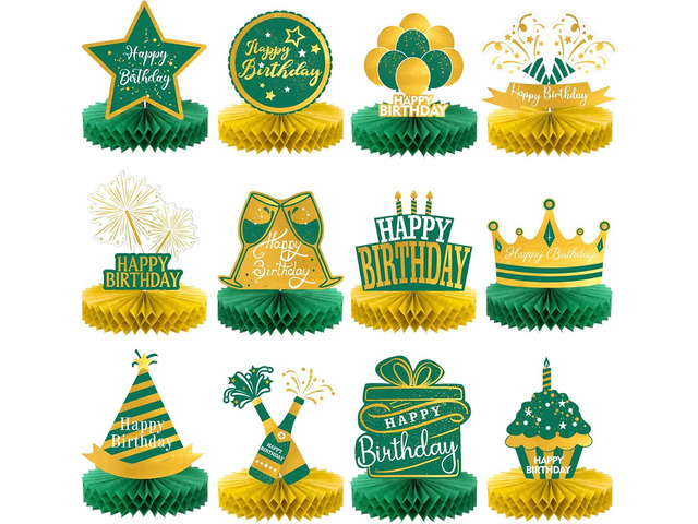 Sabary 12 Pcs Green and Gold Birthday Decorations Table Decoration Happy Birthday Desktop Decoration Honeycomb Centerpieces Party Balloon Crown...