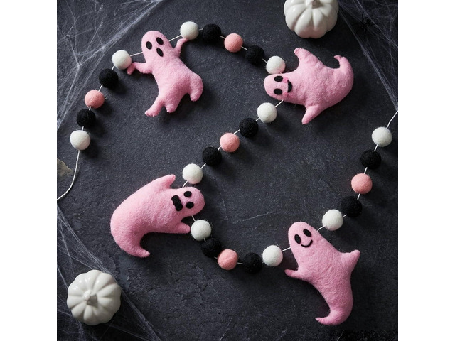 Whaline 6.6 Ft Halloween Felt Banner Cute 3D Pink Ghost Hanging Garland Black Pink White Pom Ball Banner for Home Mantel Wall Window Decor Party...