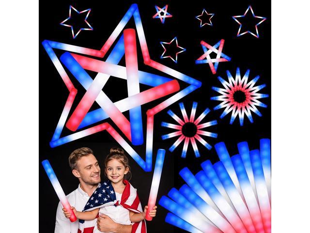 OLUPP 58 Pcs July 4th Glow Sticks, Foam Glow Sticks for 4th July, Red White Blue Glow in the Dark for Kids & Adults, Patriotic LED Light Up.