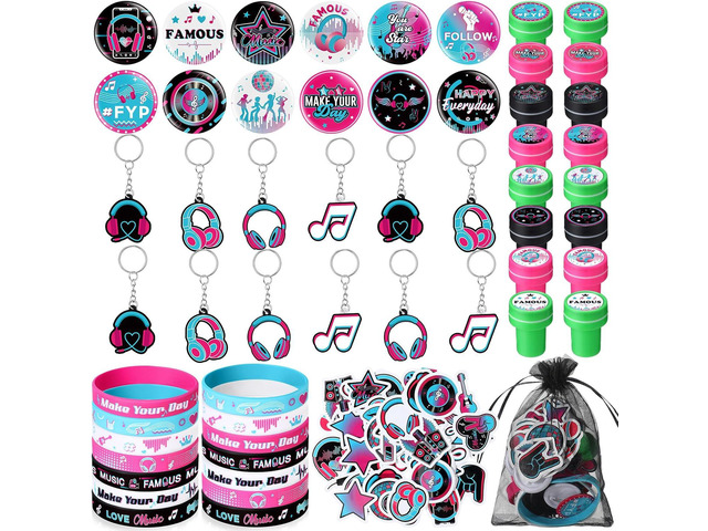 Capoda 110 Pcs Music Party Favors, Kpop Party Supplies, Music Gift Bag Silicone Bracelets Button Pins Keychains Stampers Stickers for Boys Girls...