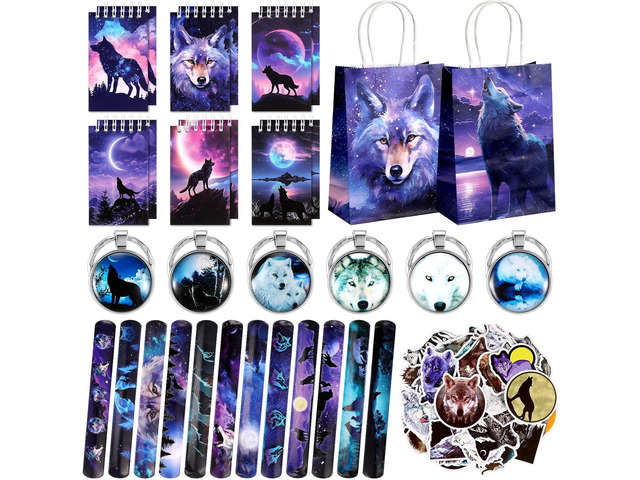 Abbylike 48 Pcs Wolf Party Favors Party Decor Birthday Supply Wolf Paper Bag Gift Mini Notebook Keychain Slap Bracelet Sticker for Baby Shower Holiday