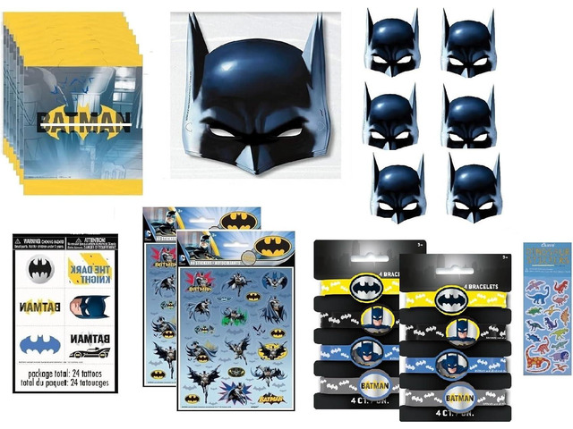 Batman Birthday Party Supplies Favor Bundle Pack includes 8 Loot Bags, 8 Bracelets, 24Tattoos, 8 Stickers Sheets, 8 Party PaperMasks, 1 Dinosaur...