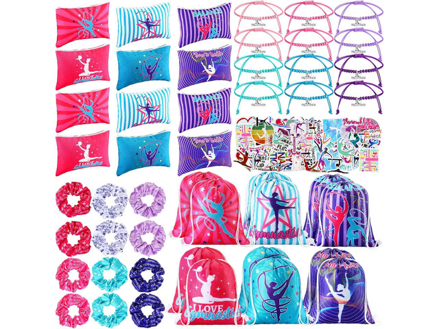 Abbylike 49 Pcs Gymnastics Party Favor Set 12 Makeup Bag 12 Bracelet 12 Drawstring Backpack 12 Hair Ties 1 Set Gymnastic Stickers for Women Girl...