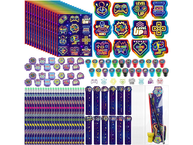 Cholemy 168 Pcs Neon Video Game Party Favors Include Gaming Mini Notebook Gamer Birthday Sticker Pencil Stamper Ruler Eraser for Boy Teen Game...