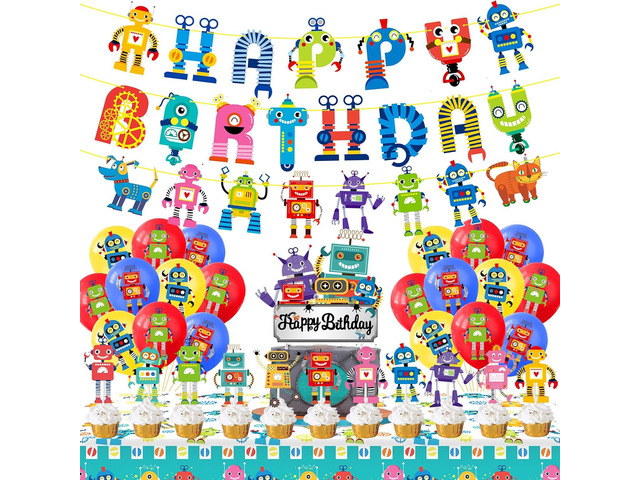 Robot Birthday Party Decorations Robot Happy Birthday Banners Robot Cupcake Toppers Cake Topper Balloons Tablecloth for Boys Gear Robot Party Supplies