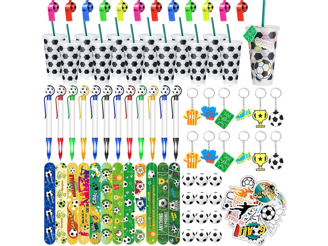 Hollowfly 122 Pcs Soccer Party Favors Set Soccer Goodie Bags Stuffers Includes Cups with Straw Mini Stress Ball Keychains Slap Bracelets Whistles...