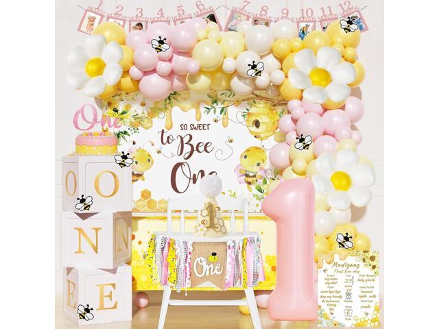 First Bee Day Decorations Girl 108PCs Honey Bee Themed 1st Birthday Party Supplies with So Sweet to Bee One Backdrop, Banner, Pink Yellow Balloon...