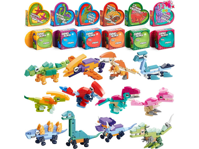 JOYIN 12 Packs Valentines Dinosaur Building Blocks Toys with Heart Boxes for Valentine Party Favors Gifts Classroom Exchange, Prize Supplies,...