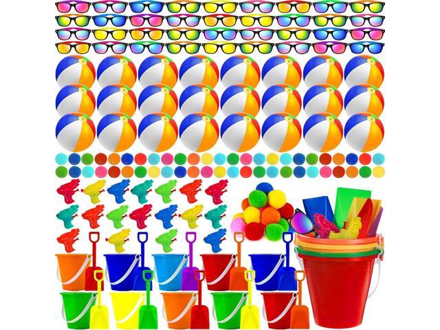 120 Pcs Kids Summer Beach Party Favors Sets- Includes 24 Inflatable Beach Balls Bulk, 18 Sand Bucket and 18 Shovels Set, 24 Neon Sunglasses Bulk,...
