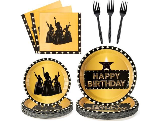 GaofanWai Famous Musical Star Tableware - 96PCS Black & Gold American Musical Theater Party Paper Plate Set for Adult Fans, Inspired Happy Birthday.