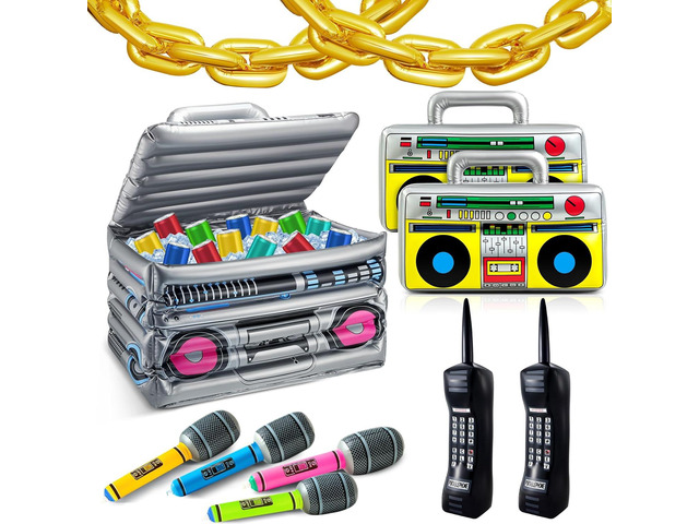 Cunhill 29 Pcs 80s 90s Party Decorations Include Inflatable Boom Box Beverage Cooler 20 Gold Foil Chain Balloons 2 Mobile Phones 2 Radio Boombox 4...