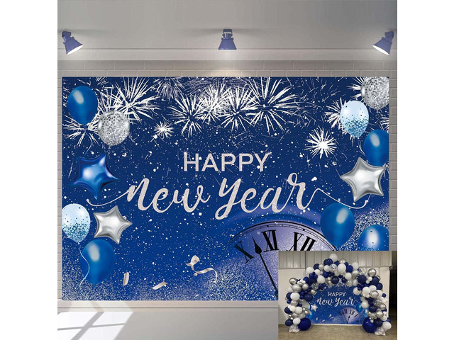 Blue Happy New Year Backdrop 2026 New Year Eve Party Photography Background Fireworks Navy Blue Silver Glitter Sequin New Years Party Decor...