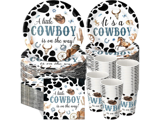 Pickmesh 250 Pcs Cowboy Baby Shower a Little Cowboy Is on the Way Party Decorations Wild Western Theme Disposable Plates Napkins Cups for Baby...