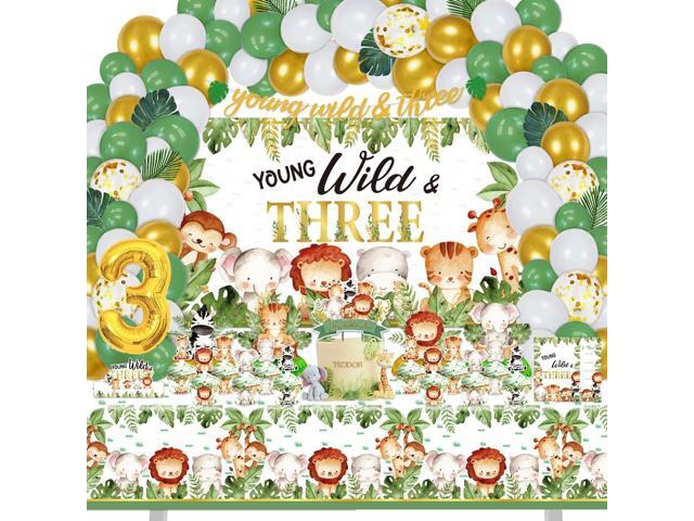 Young Wild and Three Birthday Decorations for Boys Girls, 157 Pcs Jungle Safari Theme Party supplies for Baby - Young Wild & Three Backdrop, Cake,...